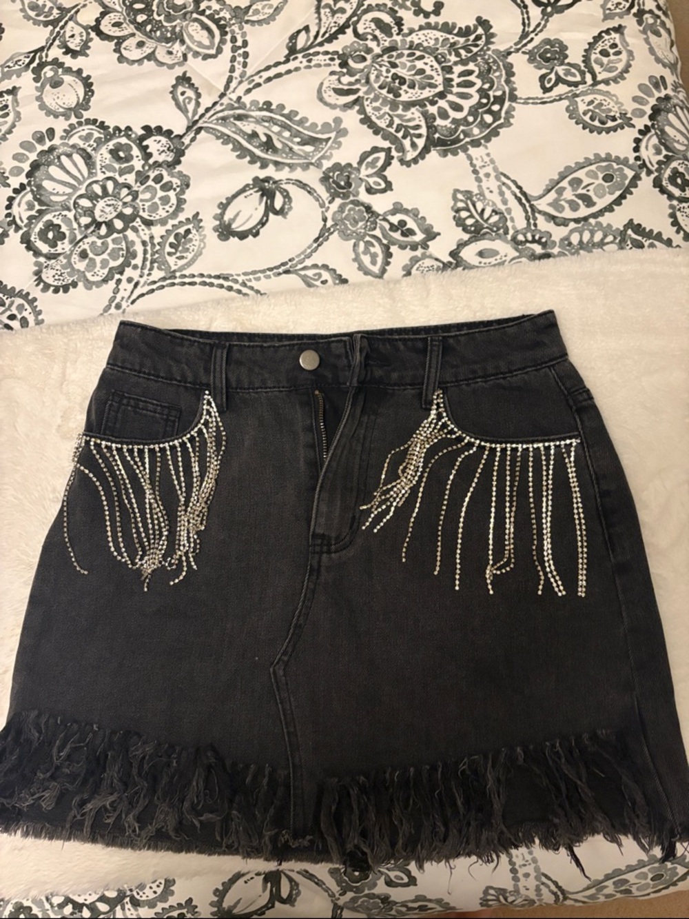 Black Denim Mini Skirt with Rhinestone Fringe Detailing